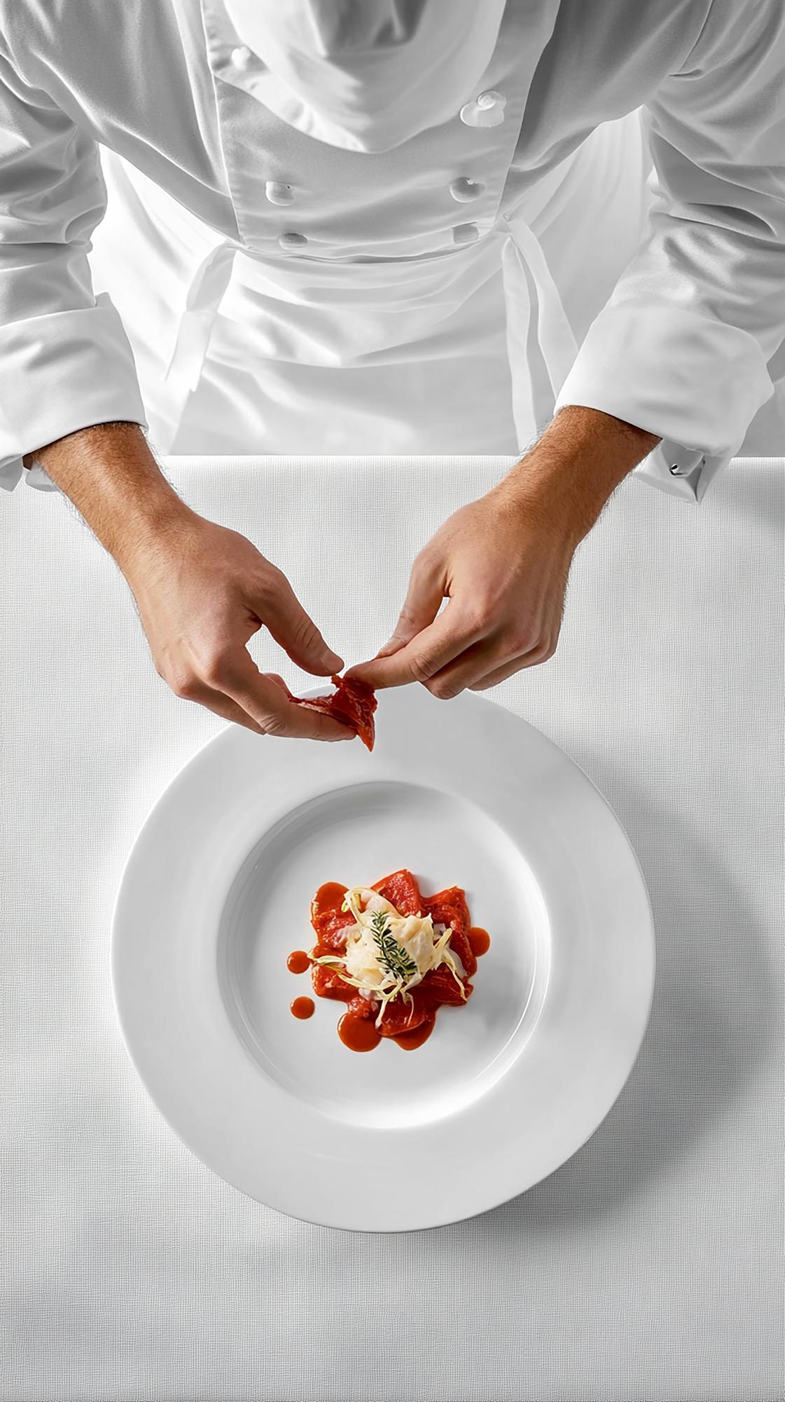 Chef preparando prato refinado em cozinha elegante